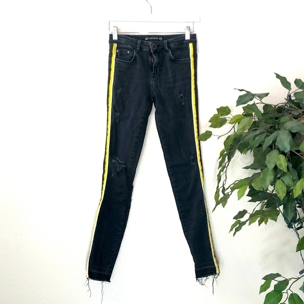 Zara Black Jeans With Yellow Stripe